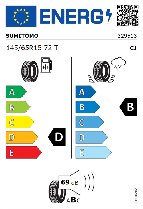 Tyre Label for Sumitomo BC100 145/65R15 72T