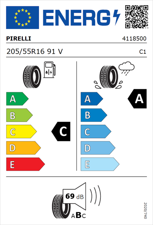 Tyre Label for Pirelli Cinturato P7 205/55R16 91V