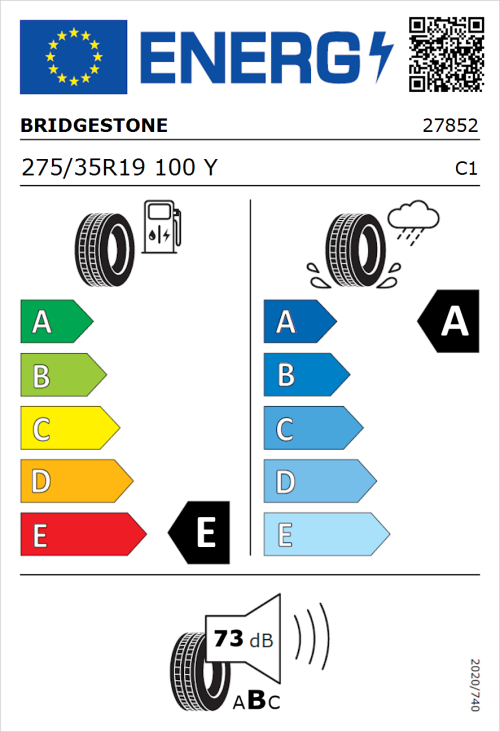 Tyre Label for Bridgestone Potenza Sport 275/35R19 100Y