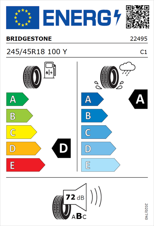 Tyre Label for Bridgestone Potenza Sport 245/45R18 100Y
